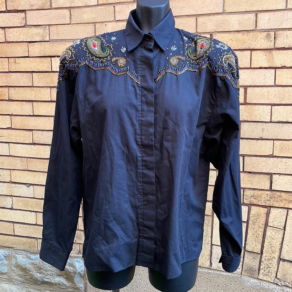 Vintage Wrangler Western Wear Black Beaded Boho Button-Up Shirt Measurements